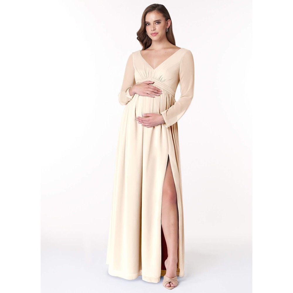 Azazie Teton Maternity Dress Alabaster White Long Sleeve Maxi V-Neck Slit A2 NEW